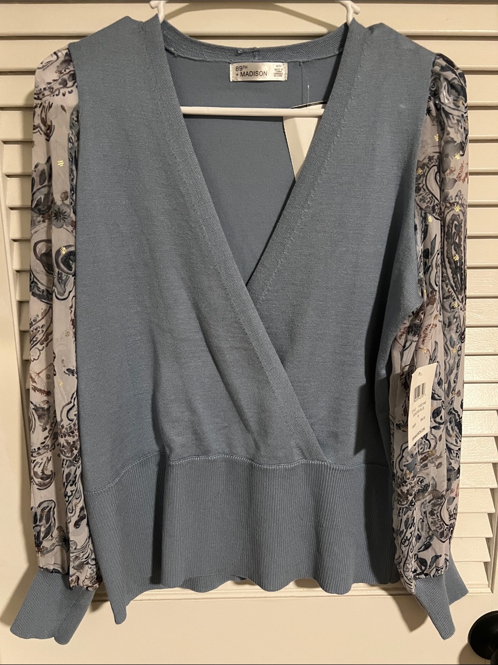 89th & Madison Light Blue Wrap Sweater with Patterned Sheer Sleeves